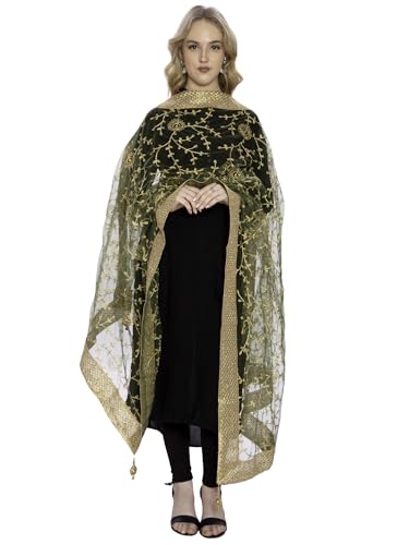 Image of ZEN APPAREL Women's Embroidered Net Dupatta with Lace Borders (Z-101) Premium Net Fabric Golden Aari Work