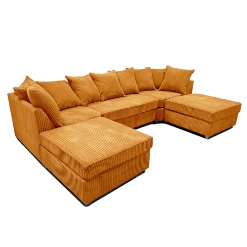 Image of Furnishings For Less UK Bishop U-Shape Scatter Back Jumbo Cord Fabric Corner Sofa, Detachable, Solid Wood Frame, Orange (Orange)
