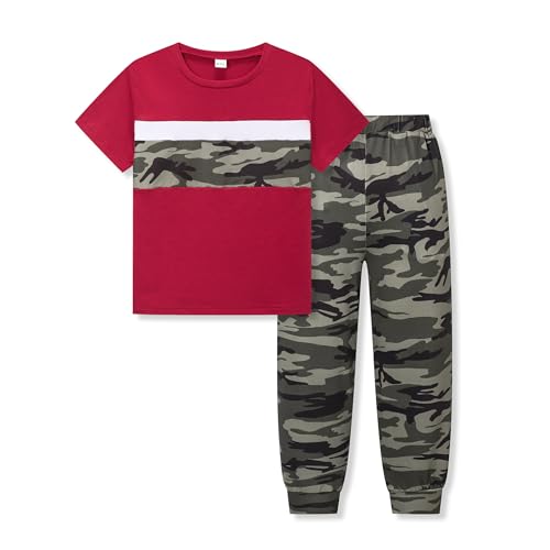 Image of OLMRJKD Boys 2 Piece Outfits Color Block Clothes Short Sleeve T Shirt and Camouflage Pants Summer Clothing Sets