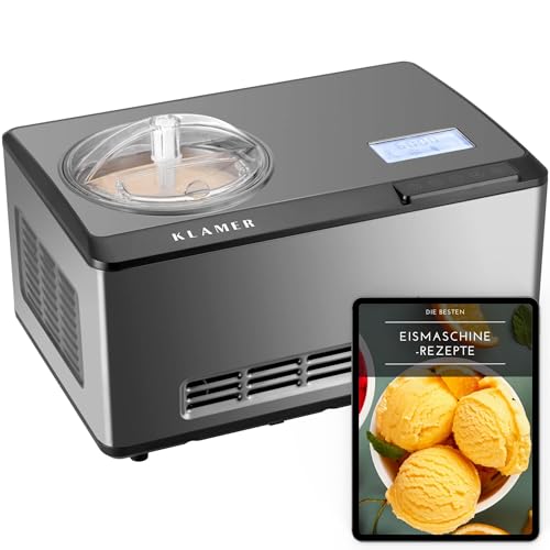 Produktfoto von KLAMER 2-in-1 Eismaschine & Joghurtbereiter 2 L, 180 W Eiscrememaschine aus Edelstahl mit Kühl- und Heizfunktion,…