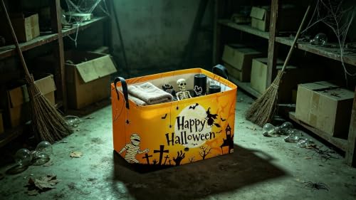 Image of Sanjiaofeng Rectangular Kids Basket Halloween Spooky Storage Bins,Gloomy Storage Basket with Handles.Clothers,Books,Kid's Gifts Bins.Halloween Party Baskets(Moon Halloweens‌)