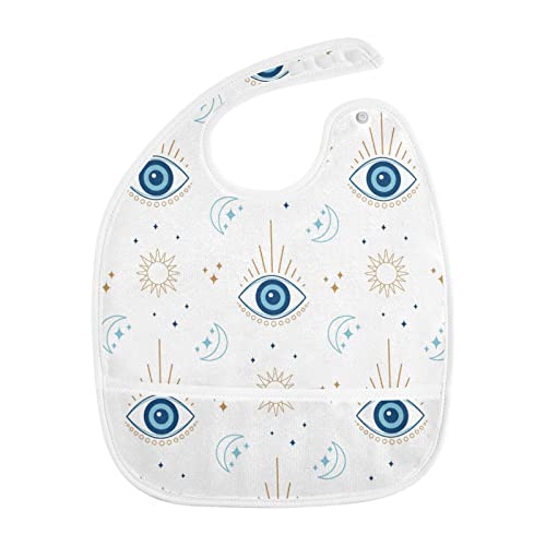 Kigai Evil Eye Baby Bibs for Baby Boy Girl, Waterproof Soft Cotton Washable Feeding Bibs Adjustable Snaps, Scraps Pocket, 2 Pack