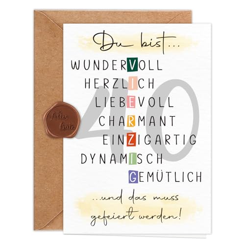 Giftota Geburtstagskarte 40 Jahre Frau Mann (A6 Klappkarte mit Umschlag & Wachssiegel) Schöne Geschenkkarte zum 40. Geburtstag mit besonderen Designs 40. Grußkarten für Freunde Geliebte und Eltern
