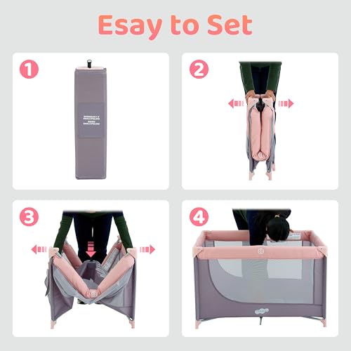Image of Pamo Babe Compact Pack and Play - Portable Crib for Baby, Lightweight Foldable Travel Playard with Mattress Pad & Carry Bag, Safe Breathable Travel Bed for Home, Trips & Family Visits, Pink