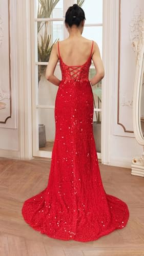 Miao Duo Women's Sequin Sparkly Mermaid Prom Dresses with Slit 2025 Long Spaghetti Straps Formal Evening Dress YZTS2112