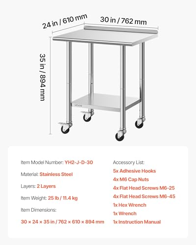 Image of VEVOR Stainless Steel Work Table, 24x30 inch Food Prep Table with Wheels and Backsplash, Commercial Kitchen Workstation with Adjustable Undershelf, Metal Utility Worktable, for Restaurant Home Outdoor