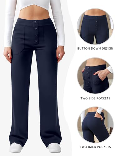 Image of JEKAOYI Womens Casual High Waist Straight Leg Pants Stretchy Button Business Dress Work Pocket Trousers