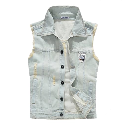 Najia Symbol Men's Slim Fit Retro Light Blue Denim Vest Sleeveless Summer Jean Jacket