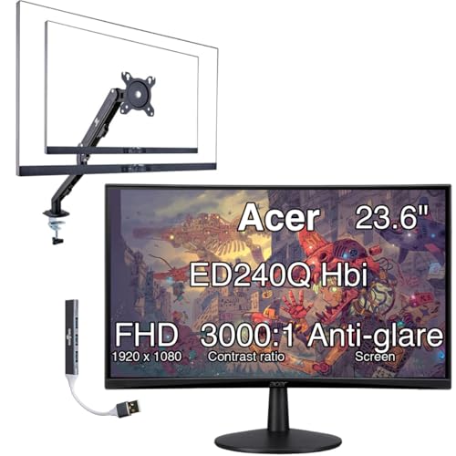 Image of Acer Nitro 24 inch Monitor, FreeSync 100?Hz FHD 1500R Curve ZeroFrame Design with 1ms Response Time, VESA Mount (100mm), VGA, HDMI & Dockztorm USB Port Expander, Black (2026) & Ergoflexy Single Mount Arm