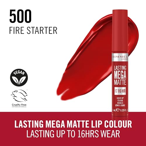 Rimmel London Lasting Mega Matte Liquid Lipstick, Long-Lasting, Hydrating, Vegan Formula - 500 - Fire Starter, 7.4ml - Image 3
