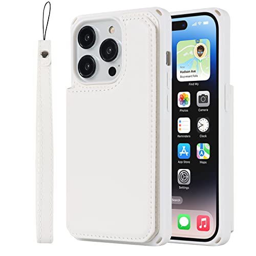 Image of Cavor for iPhone 14 Pro Case with Card Holder,for iPhone 14 Pro Wallet Case for Women Men,Stand and Strap,Leather Shockproof Protective Phone Case-White