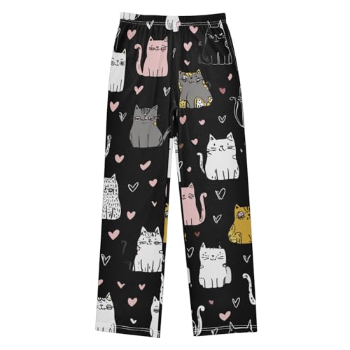 Cartoon Cat Love Heart Print Boys Long Pants Soft Trousers Elastic Waist Kids Lounge Bottoms with Pockets S-XL