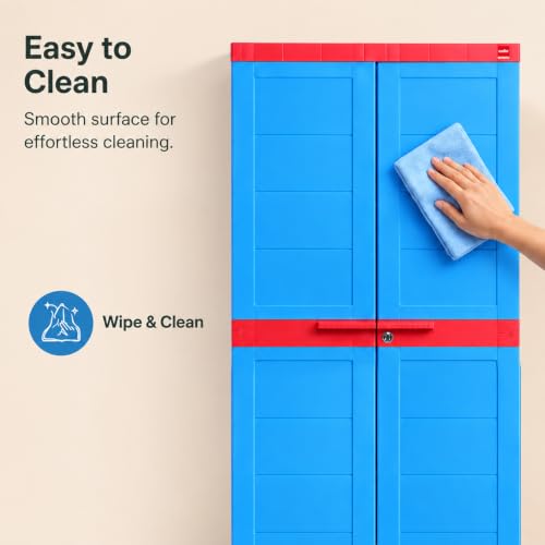 Image of Cello Novelty Big Bookshelf, Red & Blue | 2 Dustproof Doors | Space Saving Cupboard | Plastic Book Shelf | Multipurpose Book Shelf for Home, Office | Book Organizer for Library