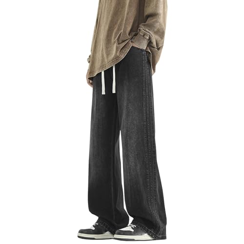 Elastic Waist Jeans for Men Baggy Loose Fit Drawstring Denim Pants Y2k Hip Hop Seam Wide Leg Pull On Jeans