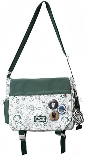 Image of Aesthetic Crossbody Bag with Cute Pins and Ornament, Nylon Shoulder Messenger Bag Japanese Kawaii Bag for Women Men