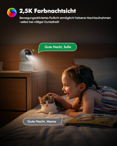YESKAMOU 2,5K 4MP Überwachungskamera Innen Akku, 360° WLAN innenkamera mit akku, 2,4/5 GHz WiFi, 360° Kamera Indoor, Farb-Nachtsicht, Bewegungserkennung, Zwei-Wege-Audio, für Baby/Haustiere/Zuhause