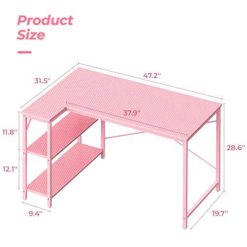 Huuger L Shaped Desk, 47 Inches Computer Desk with Reversible Storage Shelves, Gaming Desk, Corner Desk Home Office Desks, Writing Study Desk with Metal Frame, Pink