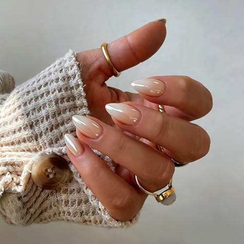 JOYVVEW Chrome Ombre Press on Nails Short Almond, Glazed Gradient Pink Fake Nails for Women Wedding & Everyday, Reusable Handmade Thick Glue On Nails with High Gloss in 15 Sizes, 30 Pcs