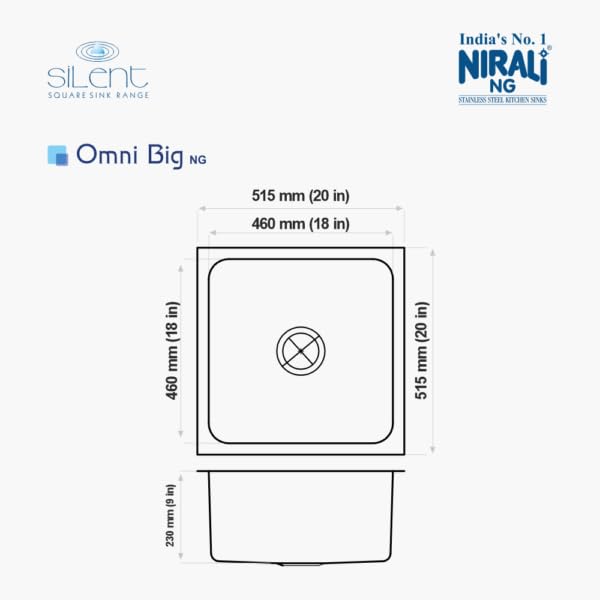 Image of NIRALI Kitchen Sink 20 x 20 Inch Omni 304 Heavy Duty Stainless Steel | Single bowl Sink Round Coupling | Rust & Stain Resistant | Glossy Finish | Minimizes Sound (Glossy, 20 inchx 20 inch x 9 inch)