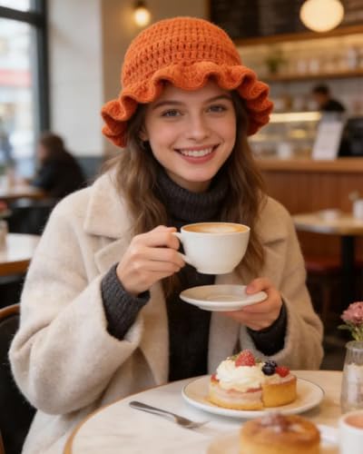 Image of Women Crochet Bucket Hat Cute Winter Ruffled Brim Floppy Cap Handmade Knit Cloche Hats