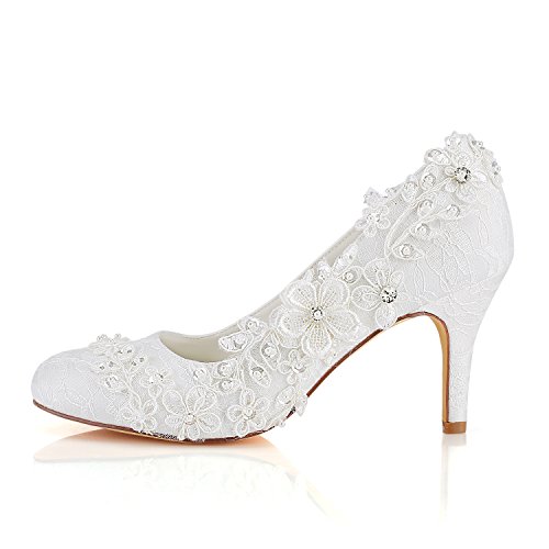 Emily Bridal Wedding Shoes Women's Silk Like Satin Stiletto Heel Pumps with Stitching Lace Flower Crystal Pearl2
