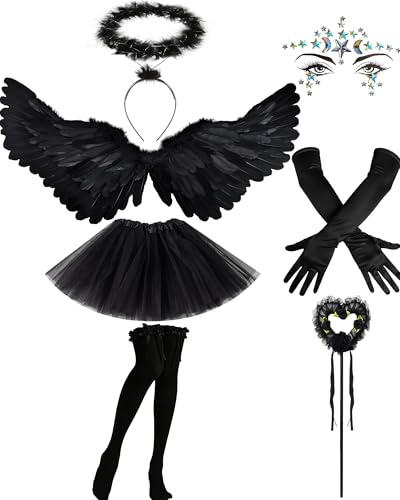 Vivrerizo Black Angel Wings Set - 7 Pcs Angel Costume Women Halo Headband Dark Wings Magic Wand Stockings Gloves Skirt and Face Stickers for Witch Cosplay Renaissance Halloween
