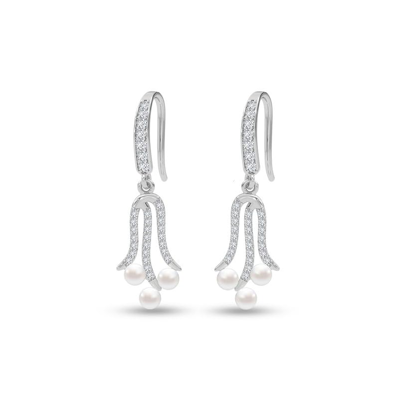 Image of CLARA 925 Sterling Silver Pearl Earrings | Rhodium Plated, Swiss Zirconia, Screw Back | Gift for Women & Girls