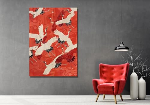 Tableau héron japonais sur toile de lin avec cadre intérieur en bois