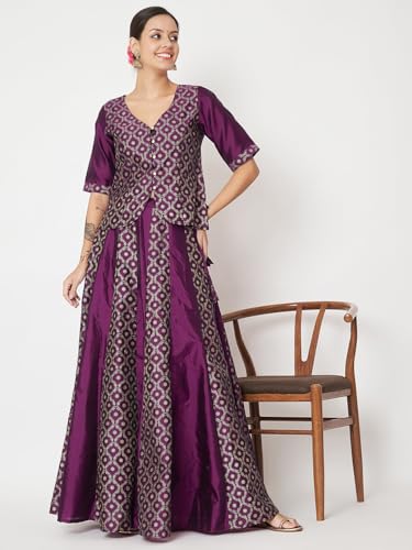 Image of studio rasa Women's Silk Blend Block Printed Button Down Readymade Top for Wedding Festive Party