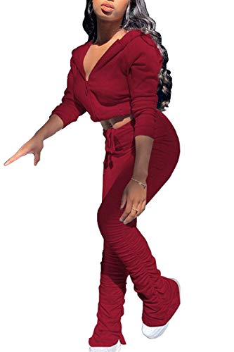 PINSV Women\'s 2 Piece Outfits Long Sleeve Workout Sets Zip Up Hoodie Pleated Flare Pants Tracksuit Sweatsuit Wine Red L