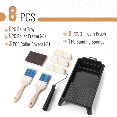 Bates- 4 Inch Paint Roller Kit, 8 pcs, 1x Plastic Paint Tray, 1x Roller Frame 4\", 3X Microfiber Covers 4\", 2X Flat Brushes 2\", 1x Sanding Sponge