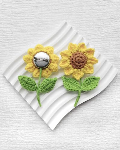 Image of Crochet Sunflower Flower Brooch Pin for Men and Women Fashion, Knitted Flowers Sunflower Handmade Crochet Gifts,Prom Flowers Corsage and Pocket Wedding Boutonniere for Men