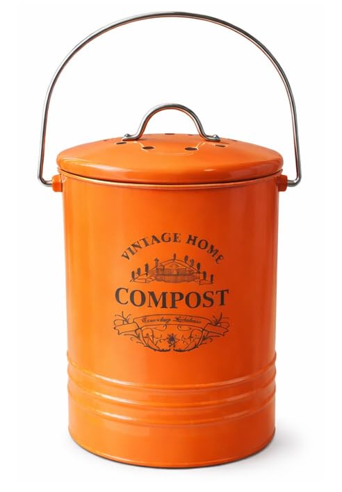 Vintage Home Compost Bin with Lid and Handle, Country Kitchen Style, Food Scrap Caddy, H22.5cm x 16.5cm Diameter (Orange)