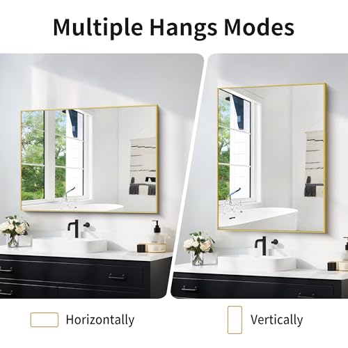 Image of COFENY 30x40In Gold Bathroom Mirror for Wall, Brushed Gold Rectangle Mirrors with Metal Frame, Bathroom Rectangular Mirror Modern Wall Mirror for Bedroom Living Room, Hangs Horizontal or Vertical