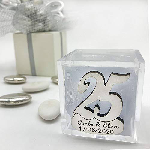 Ingrosso e Risparmio 20 cajas para peladillas transparentes con aplicación de madera con forma de 25 personalizadas, para recuerdos de aniversario (sin personalización, con paquete verde)