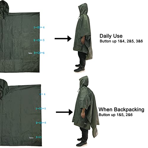 Azeekoom Regenjacke Regenponcho, Regenmantel Wasserdicht Unisex Camping Zelt Campingdecke 3 in 1 Multifunktionaler Regencape für Picknick im Freien Trekking Camping Angeln Jagd Ausflug (Grün)