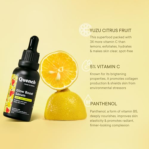 Image of QUENCH BOTANICS Vitamin C Glow Boost Face Serum With 5% Ethyl Ascorbic Acid | Brightening Serum For Dark Spots & Uneven Skin Tone | Highly Stable & Non Irritating | Made In Korea (30Ml)