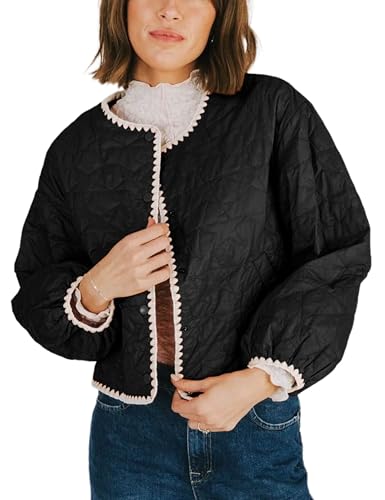 Women's Quilted Jacket Long Sleeve Cardigan Button Coat Fall Outerwear Short Lightweight Padded Coats Pockets (Black-M)
