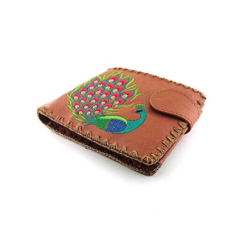 Divine Peacock Peacock Feather Embroidery Vegan Medium Bi-fold Wallet (Brown)2