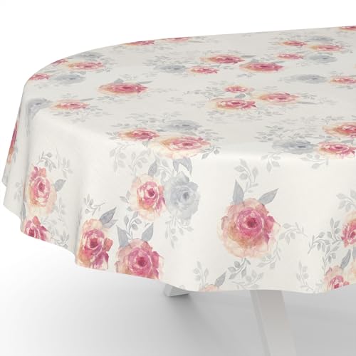 ANRO Nappe en toile cirée - Lavable, imperméable - Ovale - Bord coupé - Motif roses - 200 x 140 cm