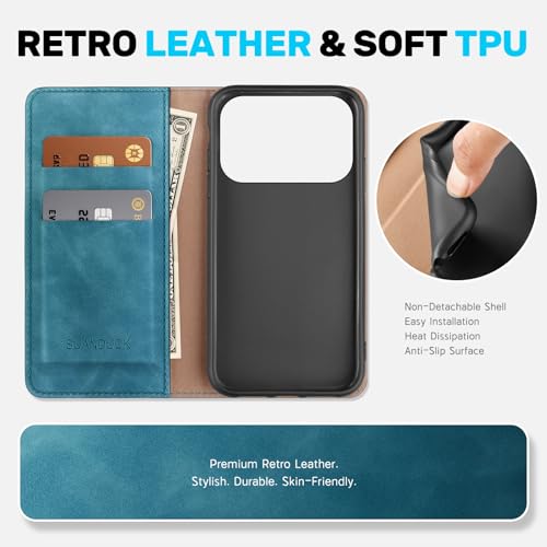 Étui en cuir premium pour iPhone 17 Pro avec protection RFID et clapet bleu