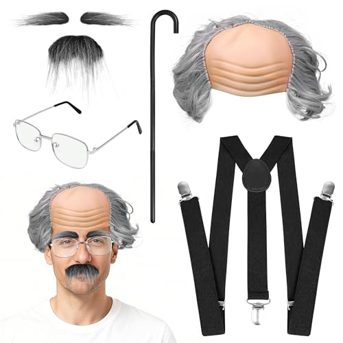 SOMEITIA 5Pcs Old Man Costume Set for Men Old Man Wig Glasses Fake Mustache Suspenders Cane Funny Grandpa Costume Accessories for Halloween Cosplay Dress Up Style A