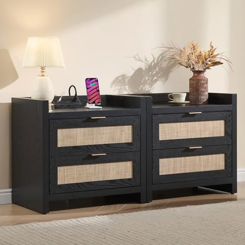 Image of SICOTAS Black Nightstands Set of 2 Bed Side Table - Boho Night Stand End Table with Type-C Charging Station, 2 Rattan Decor Drawers Storage Cabinet Night Stands for Bedroom, Black Oak