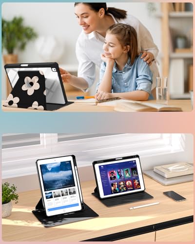 Uppuppy for iPad 9th/8th/7th Generation Case 10.2 Inch Folio Cover with Pencil Holder Cute Women Girls Kids Flowers Girly Floral Teens Kawaii Rotating Stand for Apple iPad 7/8/9 (2021/2020/2019)