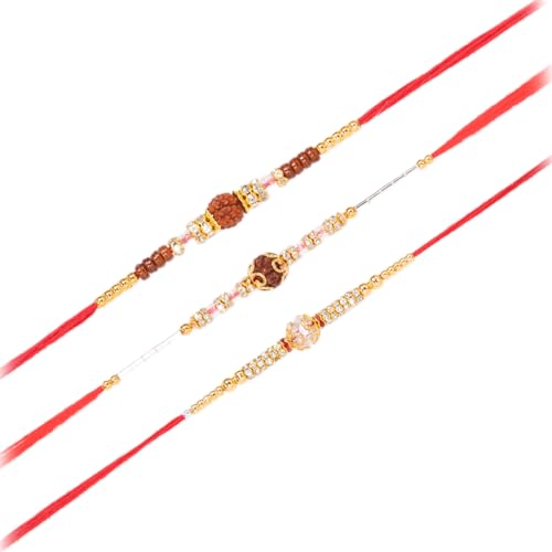Image of Peora CZ Pearl & Crystals Studded Thread Rakhi for Brother Bhaiya | Combo Set of 3 | Raksha Bandhan Hamper with Roli Chawal & Greeting Card
