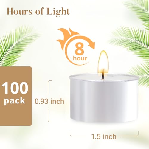 Tea Candles 100 Pack - 8 Hour Burn Time,Unscented Tea Lights Candles for Shabbat, Weddings, Christmas, Home Decor