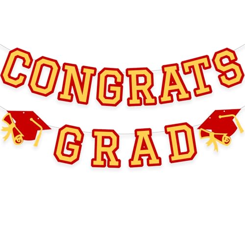 Image of Congrats Grad Banner Graduation Party Banner Decoration Hanging Garland High School College Backdrop Supplies Red Gold