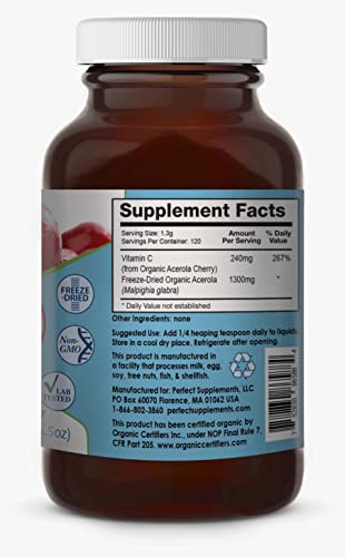 Perfect Supplements – Perfect Acerola Powder – 156 Grams – 100% Pure Acerola Cherry – All-Natural Vitamin C Superfood – Immune System Support #TOP1