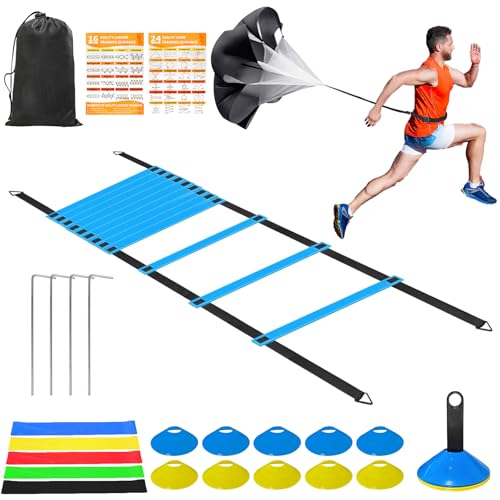 Panykoo Speed Agility Training Equipment Set - 20ft Agility Ladder, 10 Disc Cones, Resistance Parachute, 5 Resistance Bands & Carry Bag | Football Soccer Basketball Fitness Drills for Kids Adults by Panykoo - Used condition - US$16.58