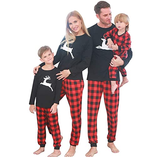 SANMIO Pijamas Familiares de Navidad, Algodón Top de Manga Larga + Raya Pantalones Pijama Dos Pieza Mujer Hombre Niños Niña Ropa de Dormir para Mameluco Navidad Negro Rojo Mujer XL